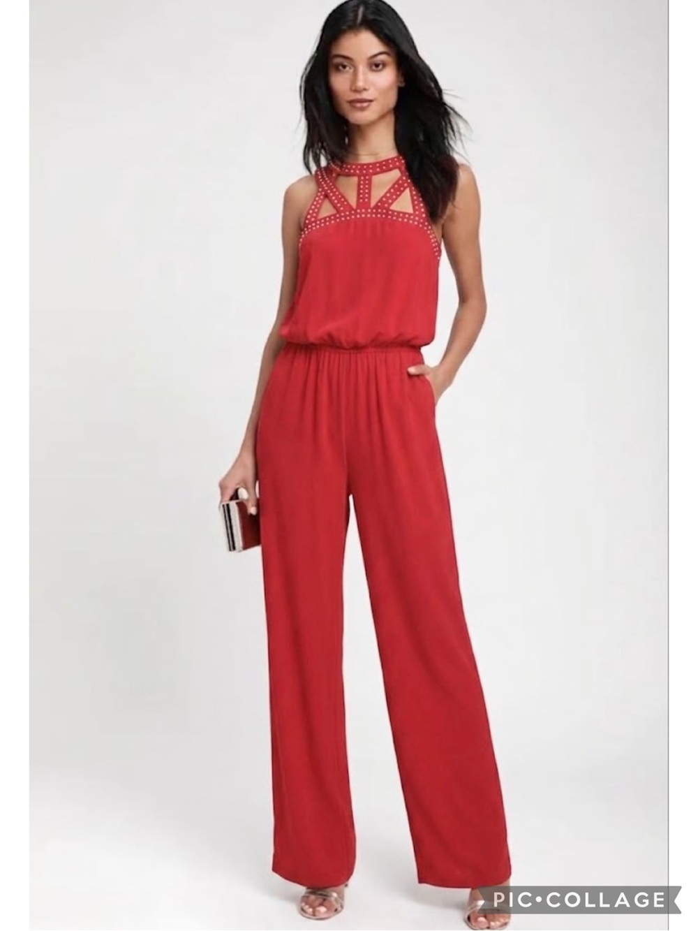 Spense Women’s Jumpsuit Rhinestone Cutout Halter Neck Red 4 NWT Cocktail
